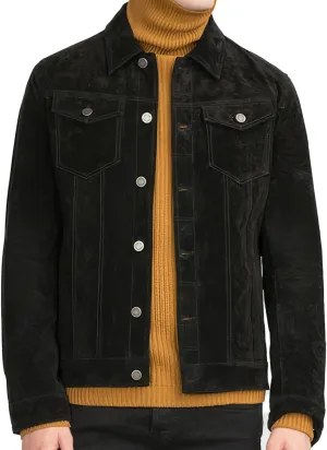 Vintage Third Generation Native American Cowboy Black Genuine Suede Leather Jacket with Classic Shirt Collar for Men