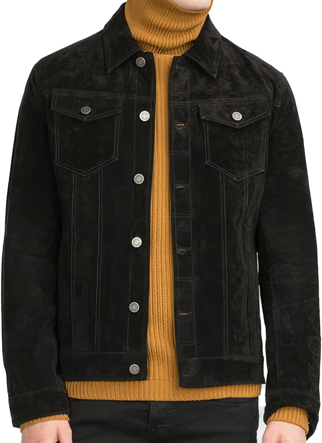 Vintage Third Generation Native American Cowboy Black Genuine Suede Leather Jacket with Classic Shirt Collar for Men