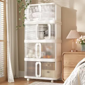 VUSIGN 360 QT Stackable Storage Bins with Lid, Folding Storage box with Wheels, Collapsible Plastic Storage Bins for Closets, Stackable Storage Organizer, Storage Containers, 4Pack, White