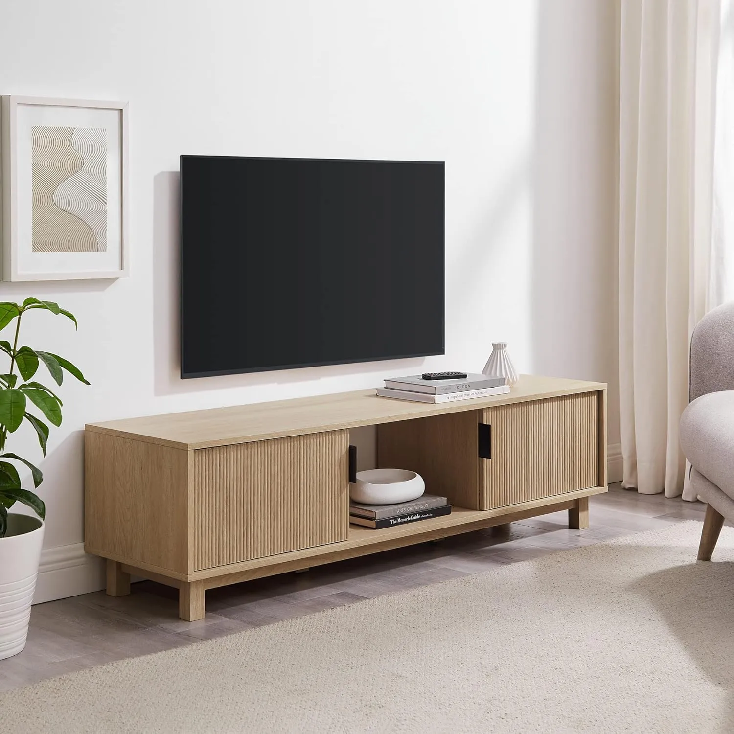 Walker Edison Walton Modern Fluted-Door Low TV Stand for TVs up to 65 Inches, 58 Inch, Coastal Oak