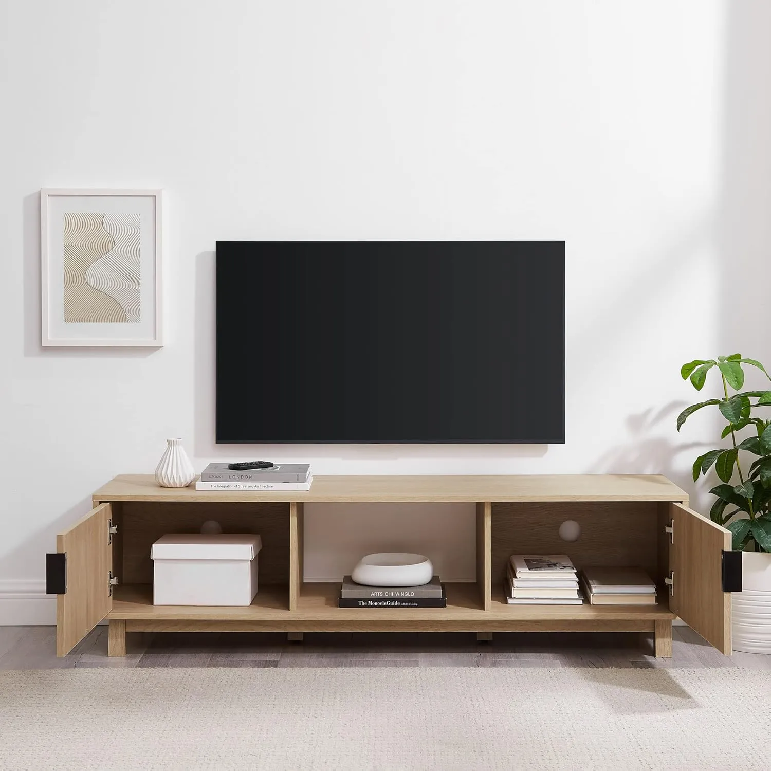 Walker Edison Walton Modern Fluted-Door Low TV Stand for TVs up to 65 Inches, 58 Inch, Coastal Oak