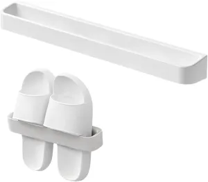 Wall-Mounted Slipper Rack, 24.4 inch Storage Holder, White, No-Drill Installation