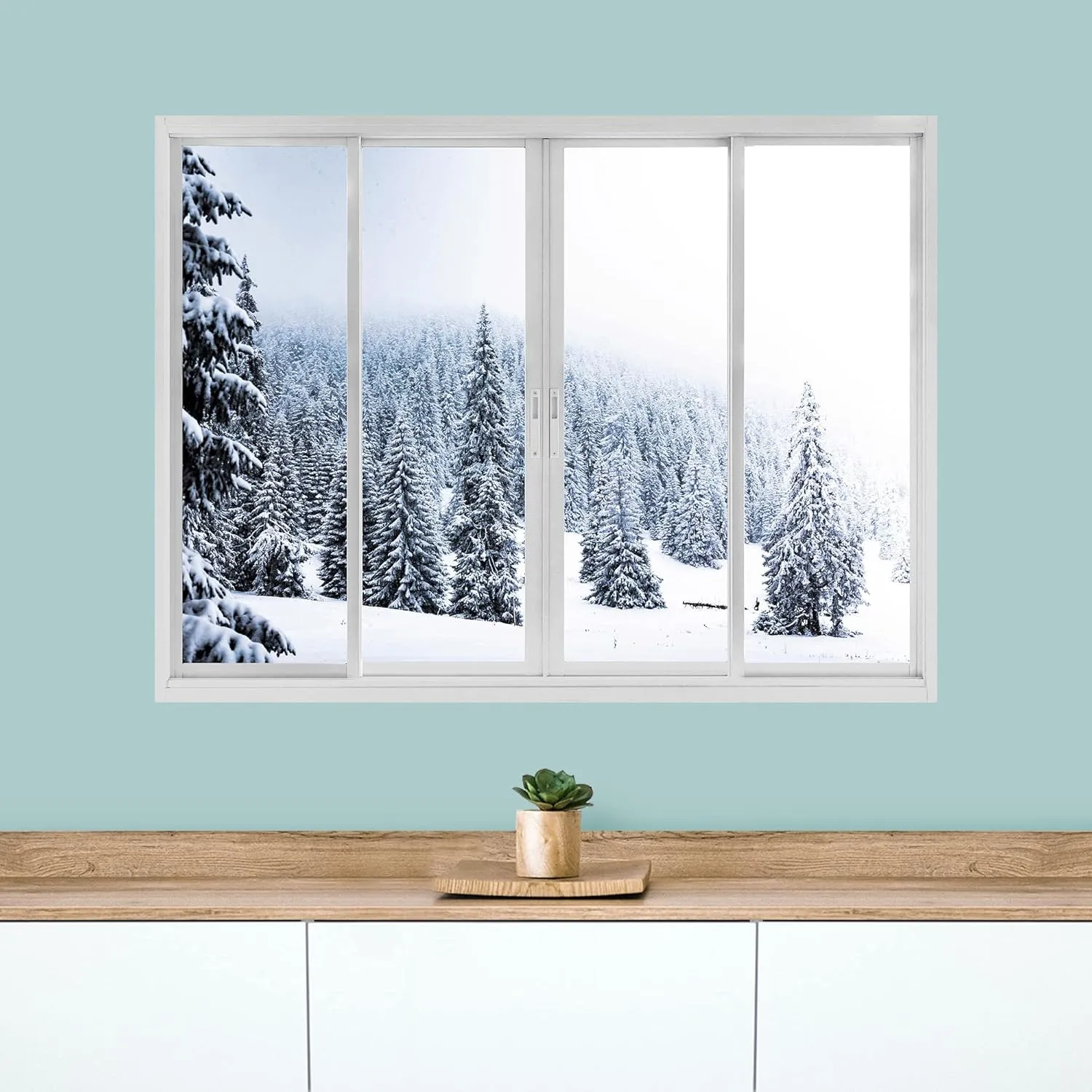 wall26 Removable Wall Sticker/Wall Mural Window View Scenic Snowy Winter Mountain Forest Wilderness Nature Photography Realism Rustic Landscape Colorful for Living Room, Bedroom, Office - 36"x48"