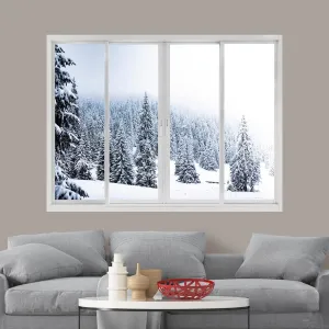 wall26 Removable Wall Sticker/Wall Mural Window View Scenic Snowy Winter Mountain Forest Wilderness Nature Photography Realism Rustic Landscape Colorful for Living Room, Bedroom, Office - 36"x48"