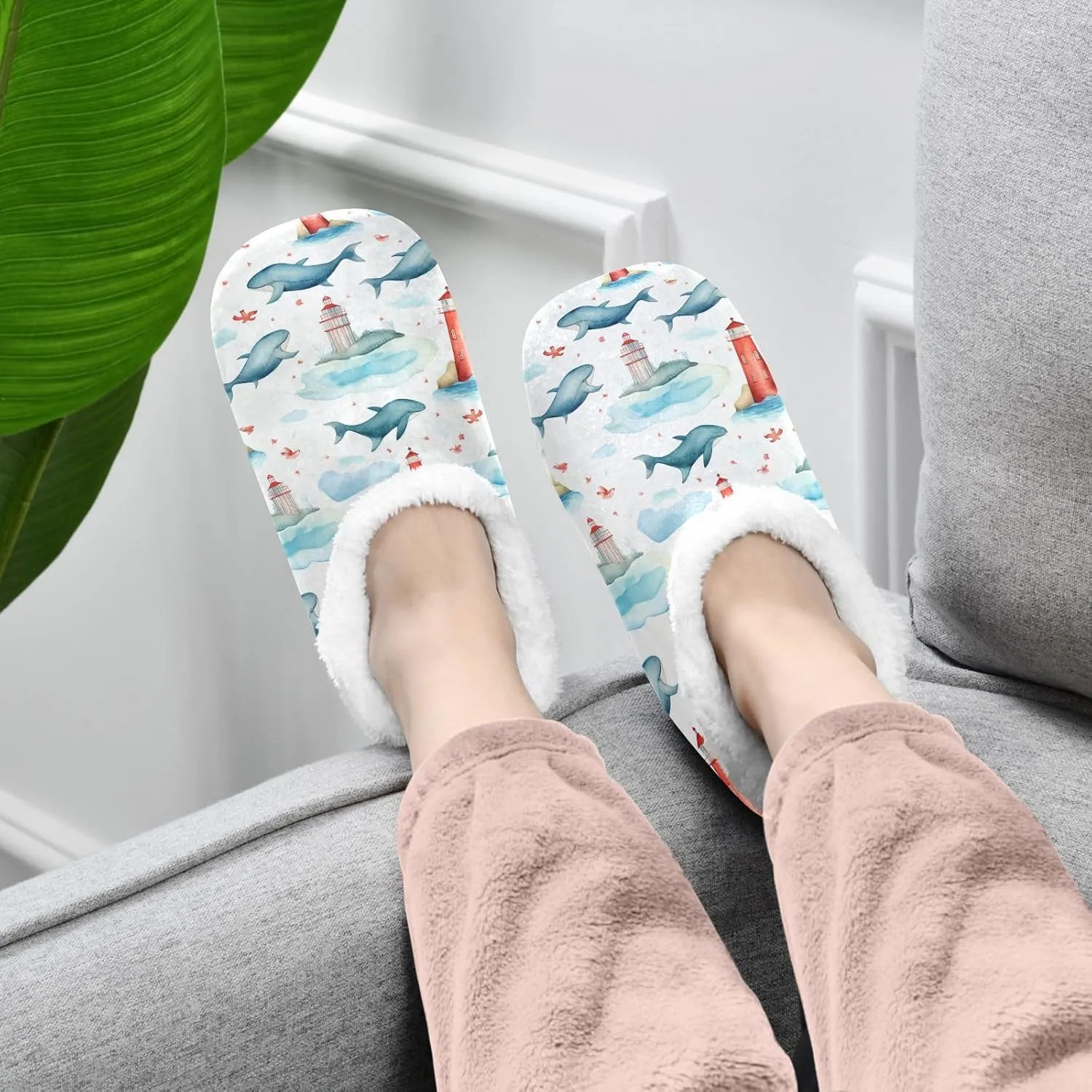 Whales Lighthouses House Slippers for Women Men Slipper Socks Soft House Shoes for Bedroom Home