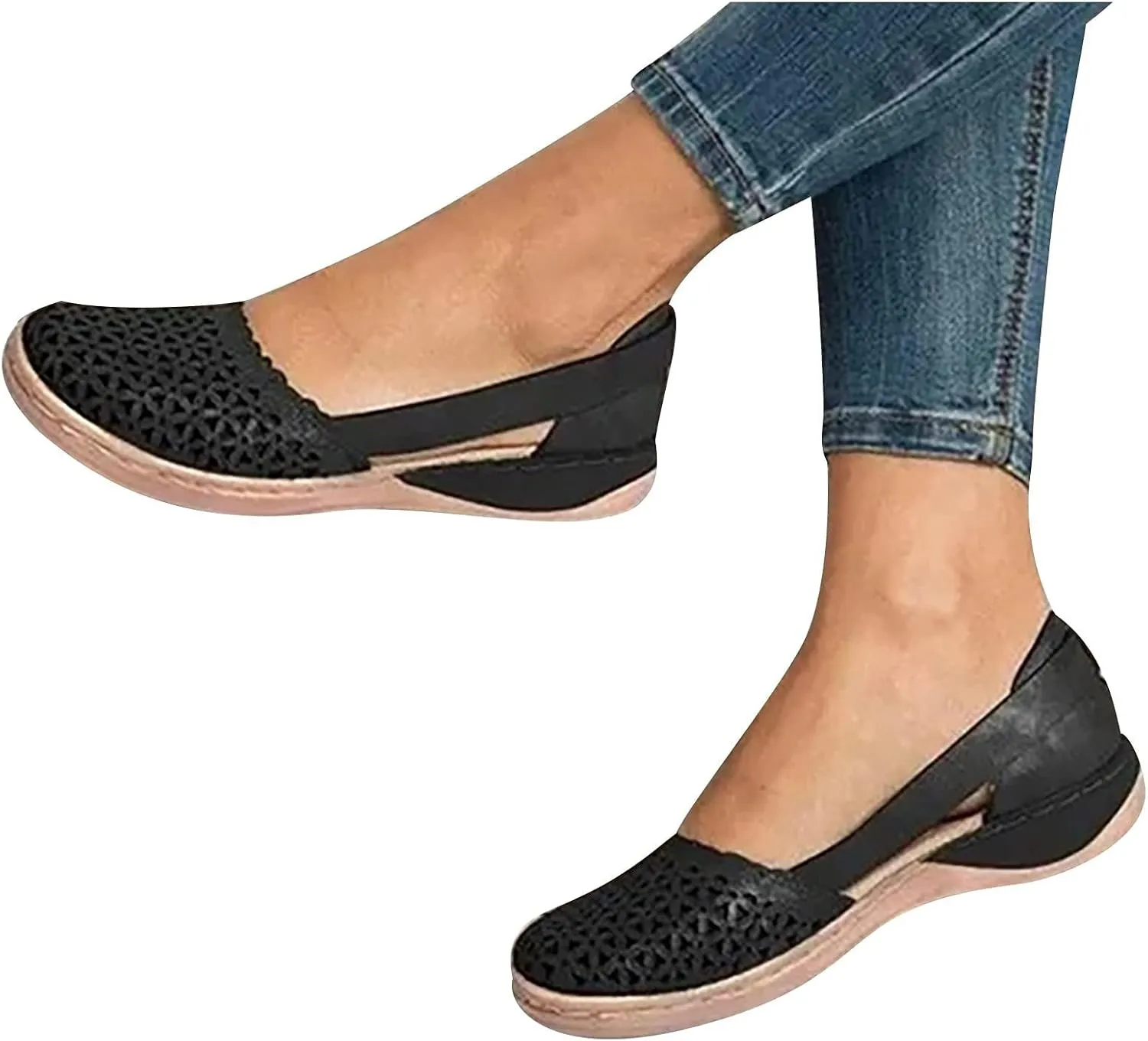 Wide Width Flats for Women Closed Toe Sandals Hollow Out Wedge Sandals Orthopedic Summer Mules Arch Support Comfort Cork Footbed Flat Sandal Breathable Comfortable Dressy Slip on Slippers