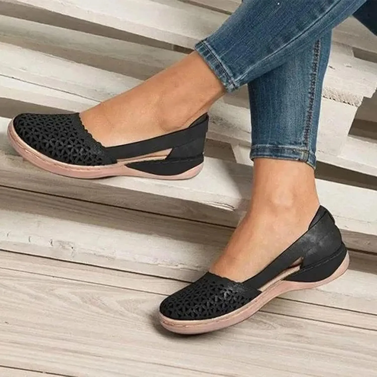 Wide Width Flats for Women Closed Toe Sandals Hollow Out Wedge Sandals Orthopedic Summer Mules Arch Support Comfort Cork Footbed Flat Sandal Breathable Comfortable Dressy Slip on Slippers