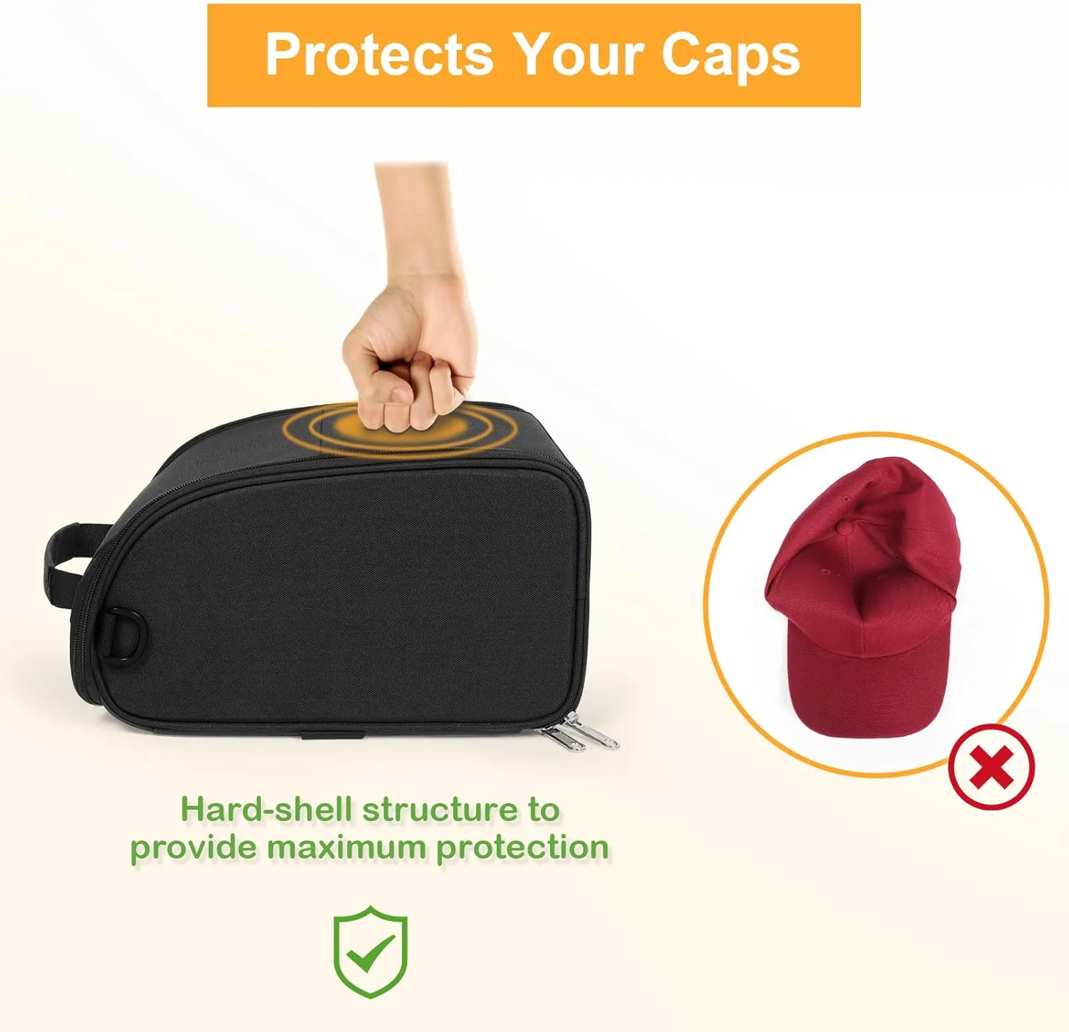 WOMACO Hard Hat Travel Bag, Baseball Caps Carrier with Carring Handle & Shoulder Strap, Hard Shell Baseball Hats Organizer for Storage (Black, Medium)
