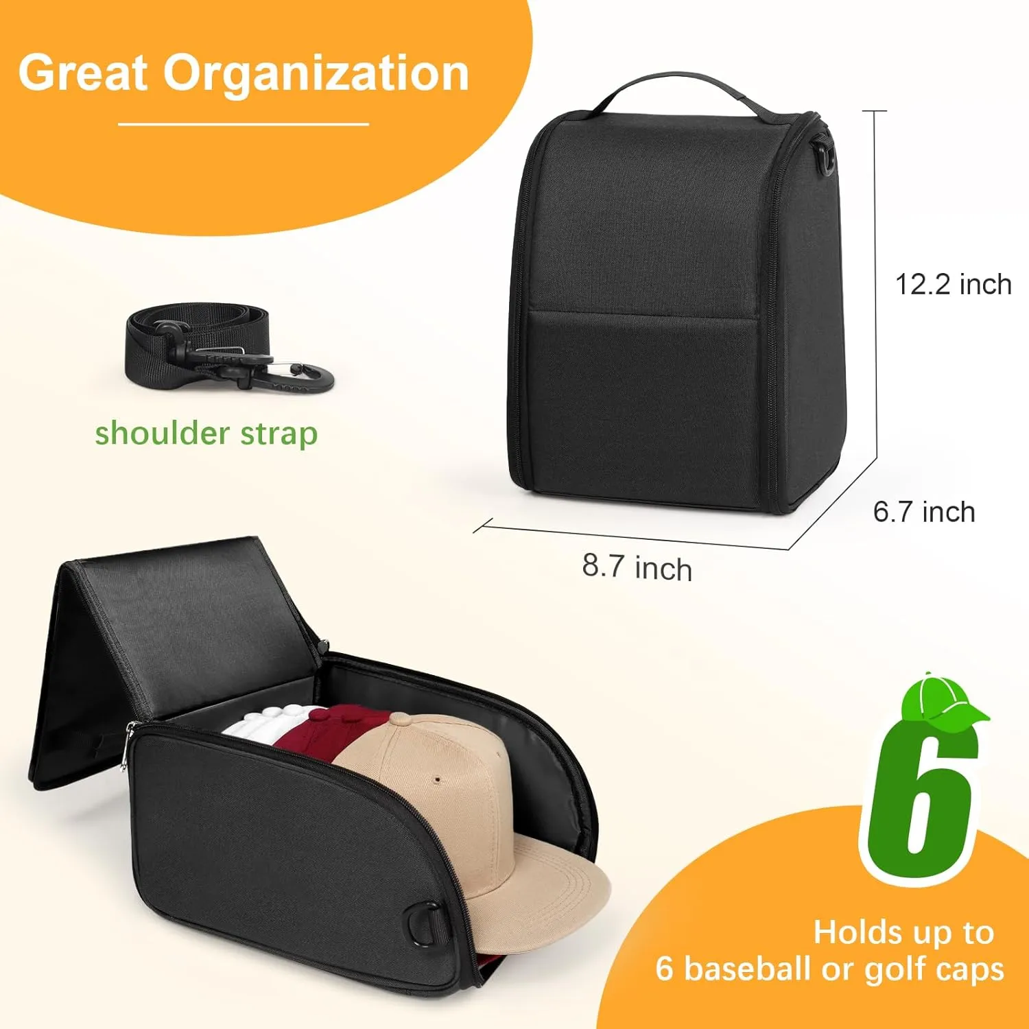 WOMACO Hard Hat Travel Bag, Baseball Caps Carrier with Carring Handle & Shoulder Strap, Hard Shell Baseball Hats Organizer for Storage (Black, Medium)