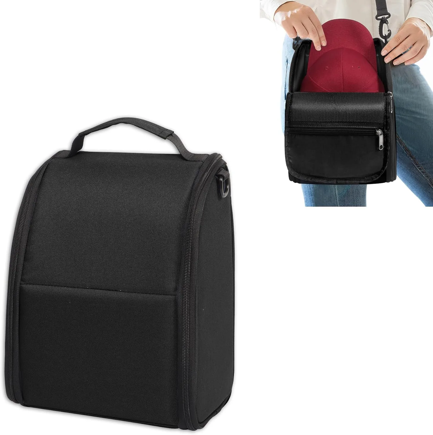 WOMACO Hard Hat Travel Bag, Baseball Caps Carrier with Carring Handle & Shoulder Strap, Hard Shell Baseball Hats Organizer for Storage (Black, Medium)