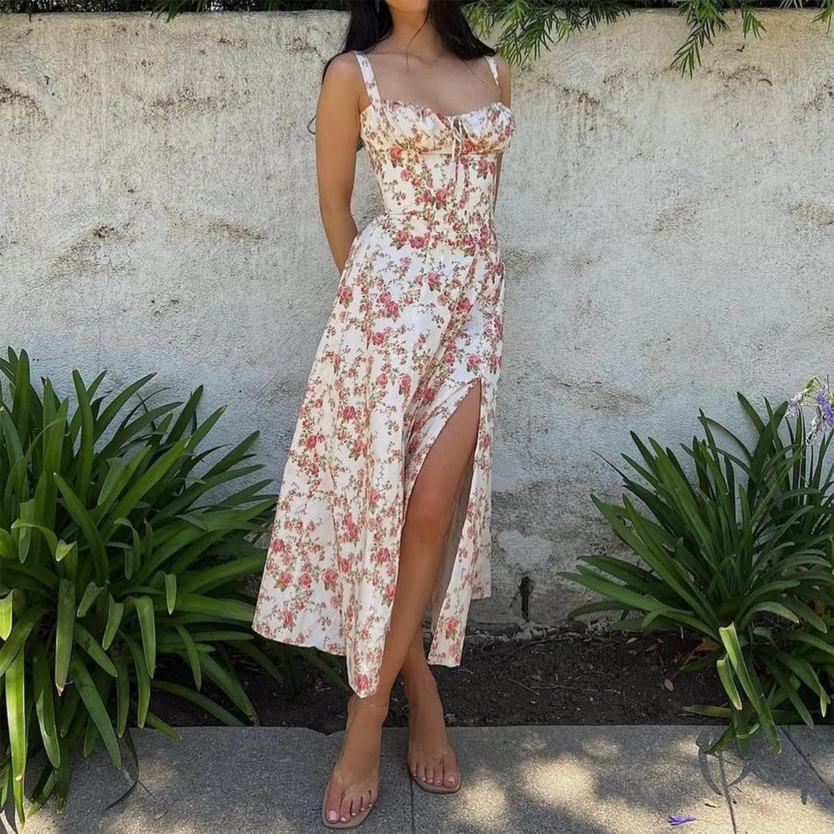 Women Floral Corset Dress, Boho Summer Spaghetti Straps Square Neck Casual Midi Dress Flowy Slit Bustier Dresses