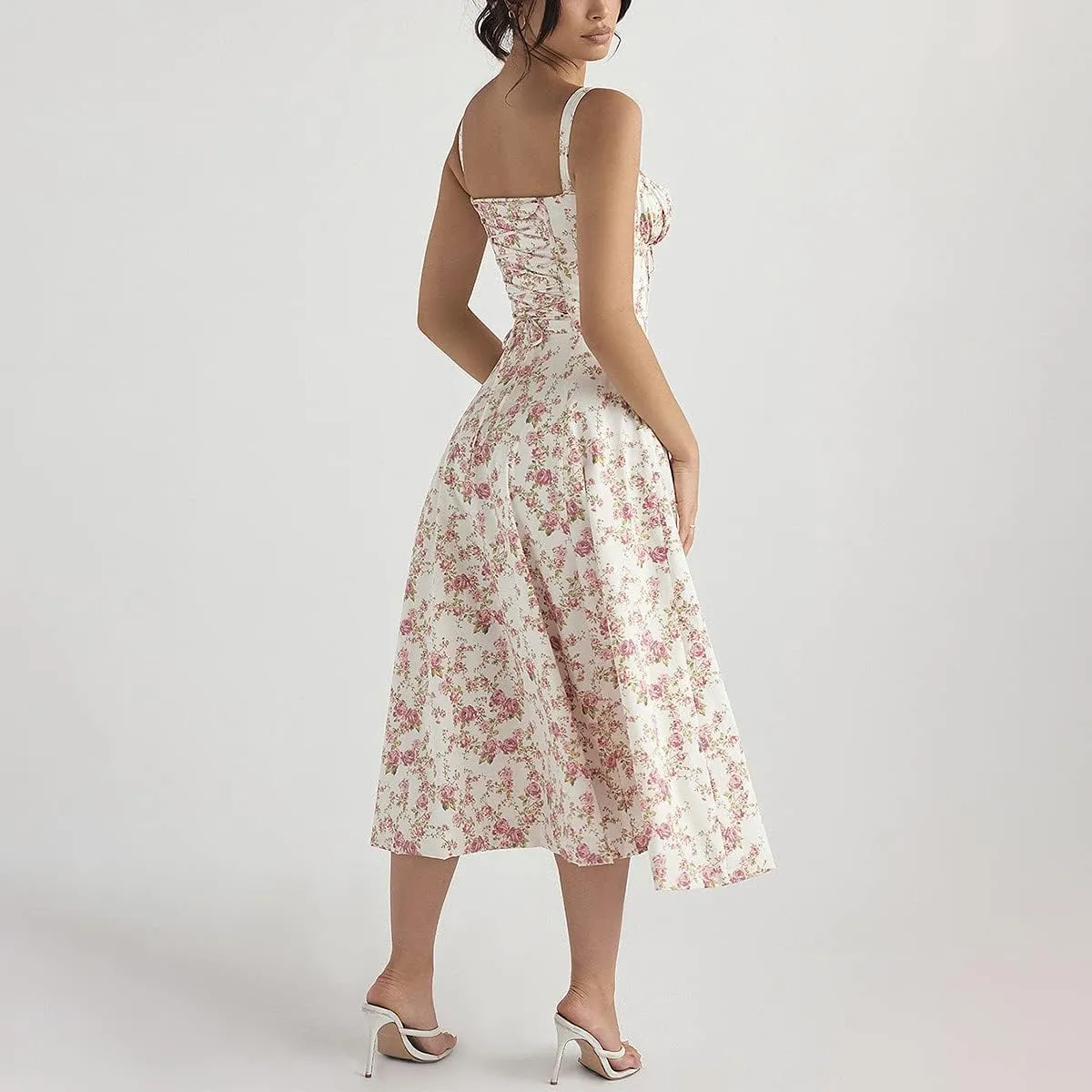 Women Floral Corset Dress, Boho Summer Spaghetti Straps Square Neck Casual Midi Dress Flowy Slit Bustier Dresses