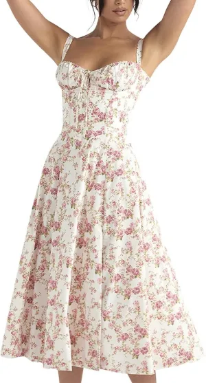 Women Floral Corset Dress, Boho Summer Spaghetti Straps Square Neck Casual Midi Dress Flowy Slit Bustier Dresses