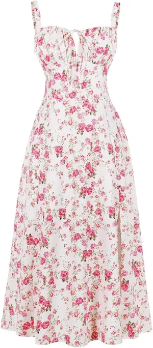 Women Floral Corset Dress, Boho Summer Spaghetti Straps Square Neck Casual Midi Dress Flowy Slit Bustier Dresses