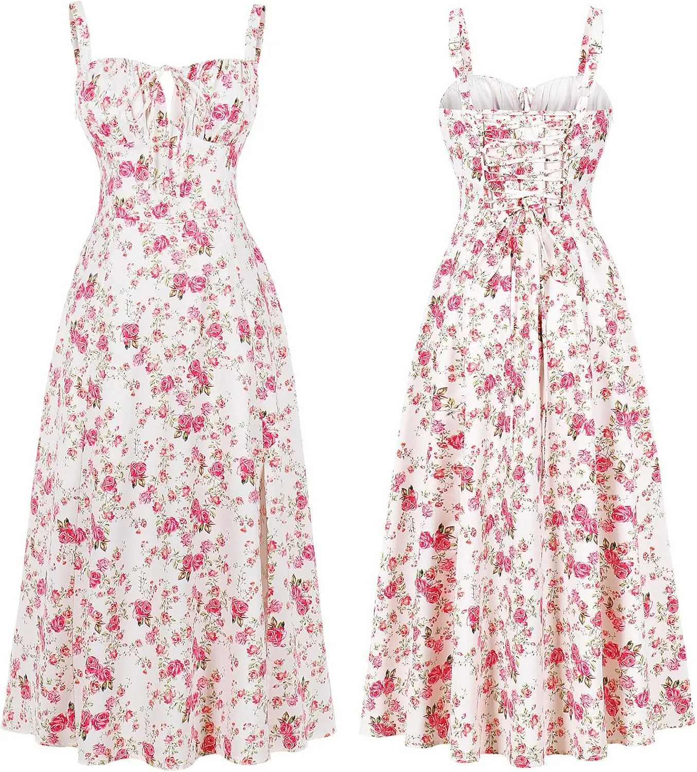Women Floral Corset Dress, Boho Summer Spaghetti Straps Square Neck Casual Midi Dress Flowy Slit Bustier Dresses