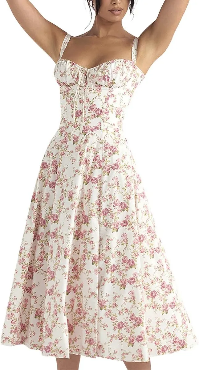 Women Floral Corset Dress, Boho Summer Spaghetti Straps Square Neck Casual Midi Dress Flowy Slit Bustier Dresses