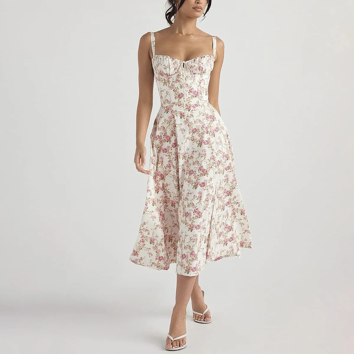 Women Floral Corset Dress, Boho Summer Spaghetti Straps Square Neck Casual Midi Dress Flowy Slit Bustier Dresses