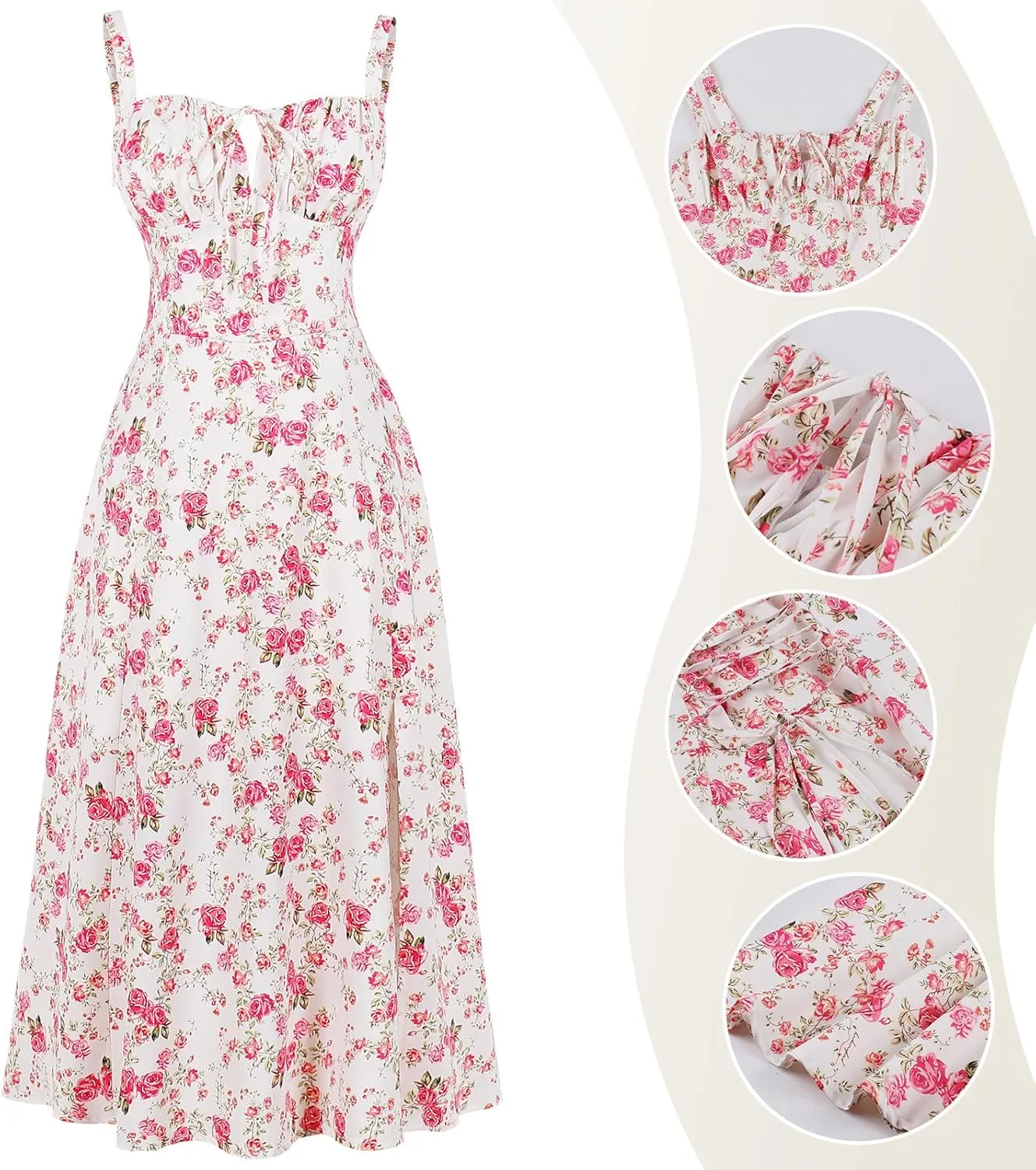 Women Floral Corset Dress, Boho Summer Spaghetti Straps Square Neck Casual Midi Dress Flowy Slit Bustier Dresses