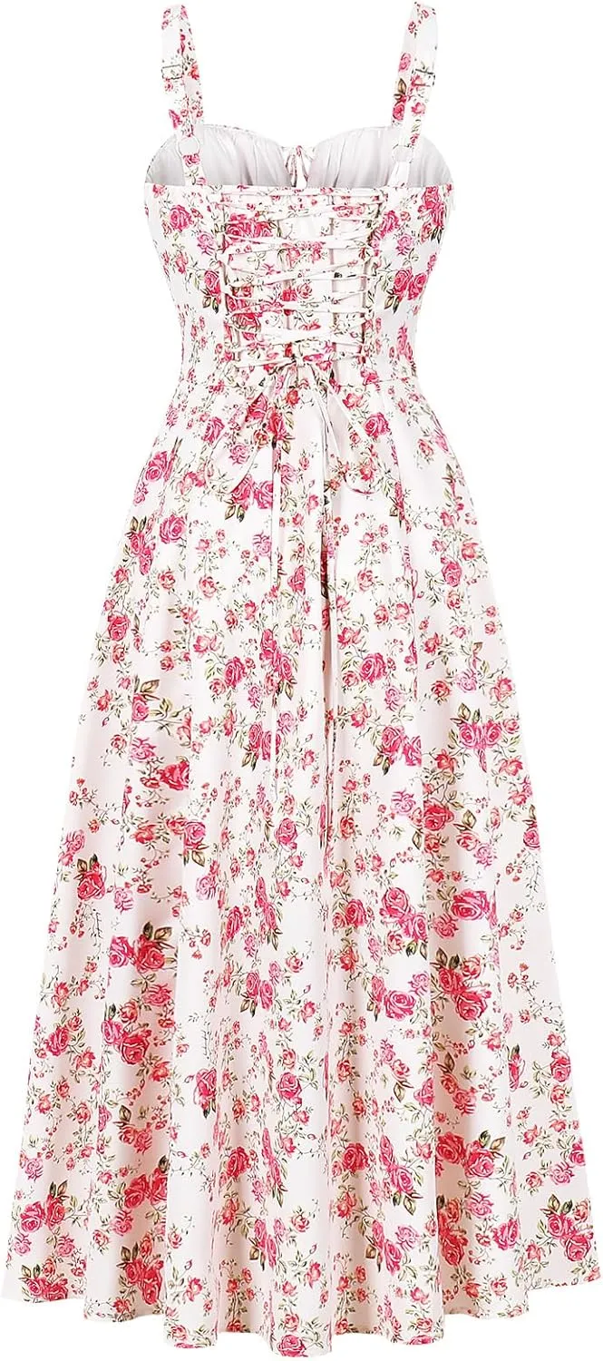 Women Floral Corset Dress, Boho Summer Spaghetti Straps Square Neck Casual Midi Dress Flowy Slit Bustier Dresses