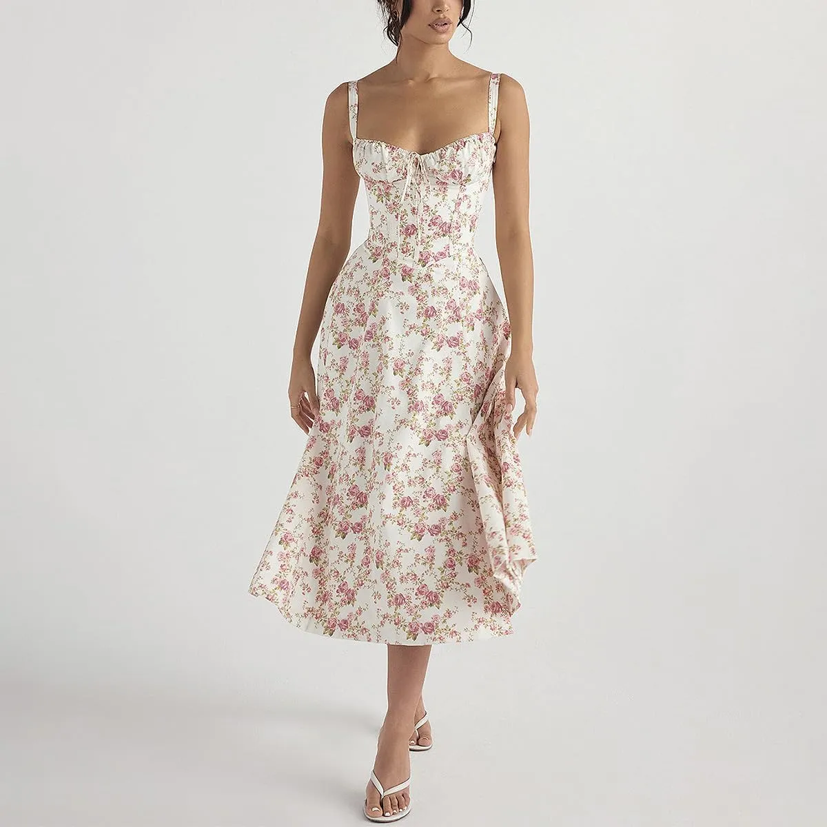 Women Floral Corset Dress, Boho Summer Spaghetti Straps Square Neck Casual Midi Dress Flowy Slit Bustier Dresses