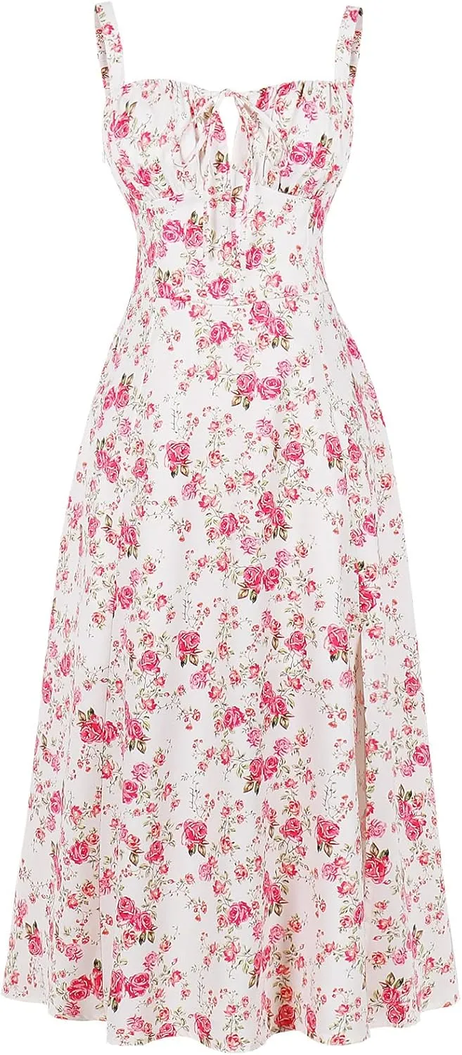 Women Floral Corset Dress, Boho Summer Spaghetti Straps Square Neck Casual Midi Dress Flowy Slit Bustier Dresses