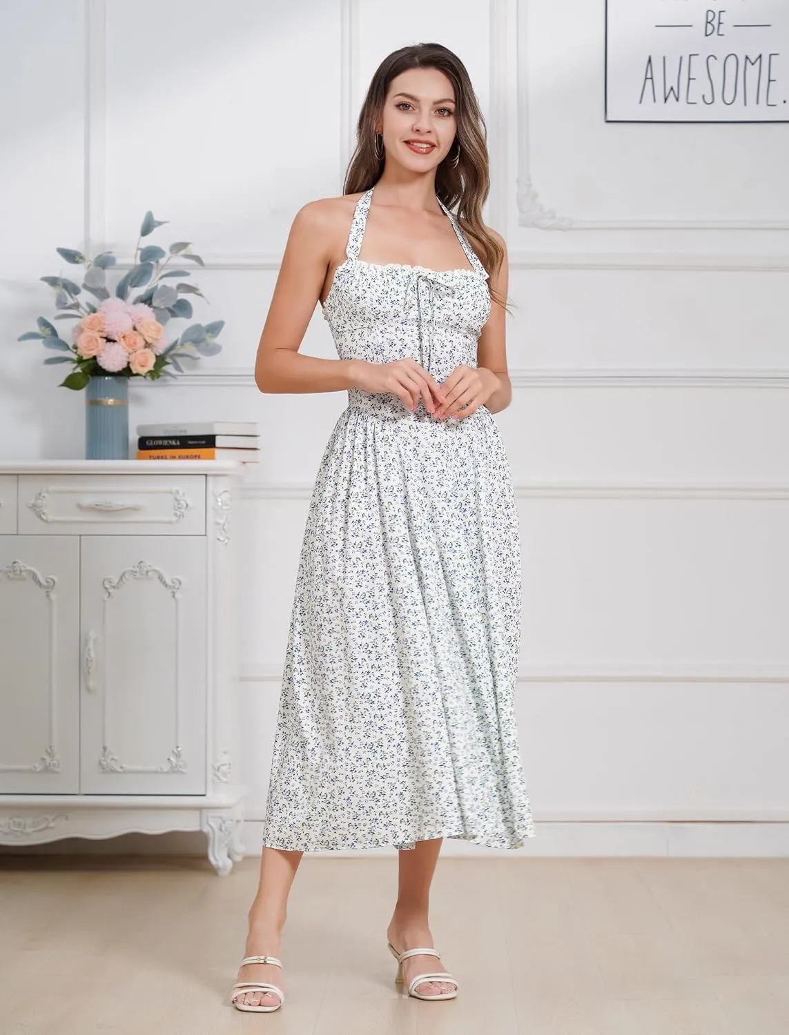Women Floral Corset Dress Summer Dresses Boho Flowy Adjustable Halter Neck Lace Up Midi Dresses A Line Casual Sundress