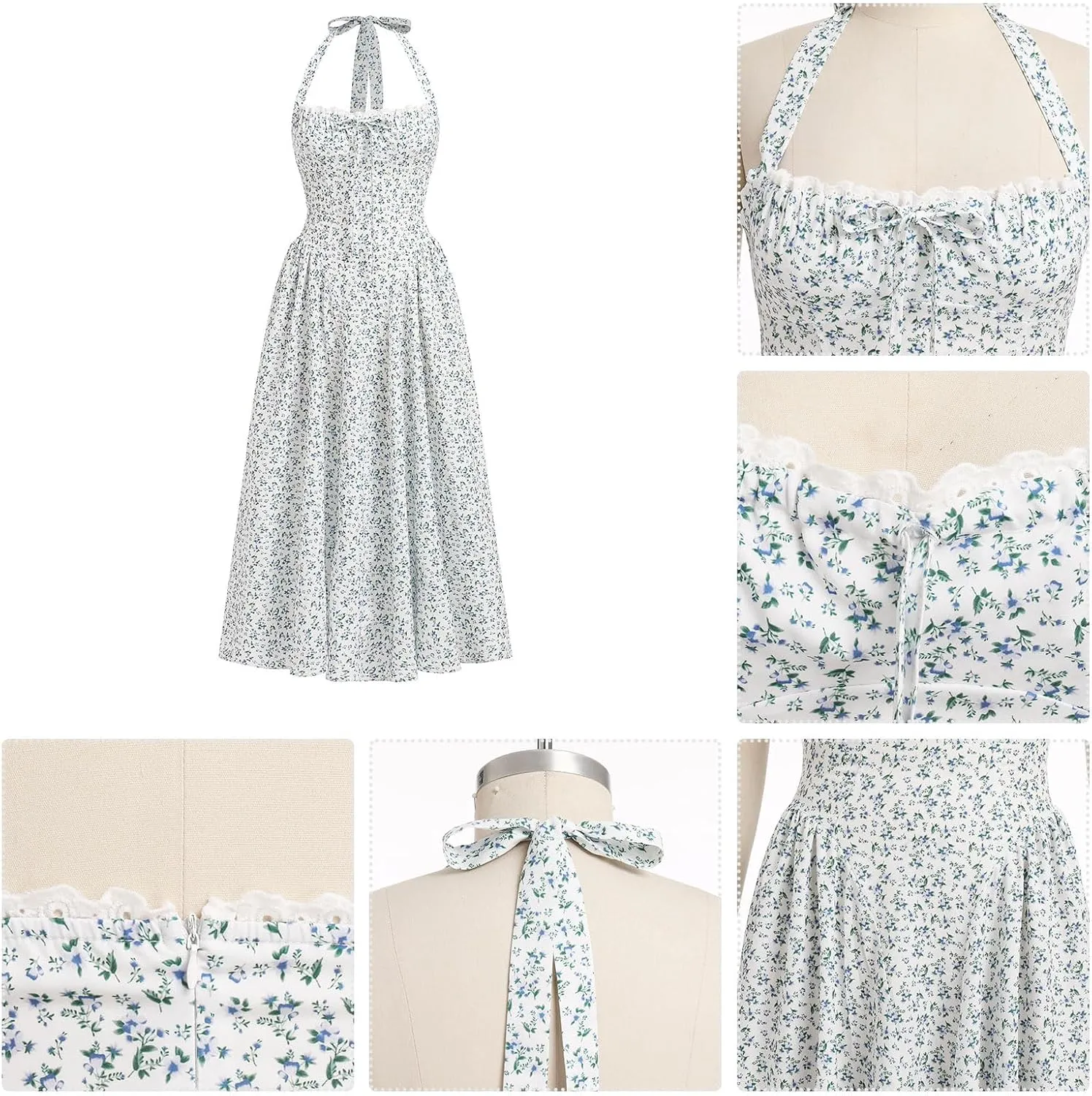 Women Floral Corset Dress Summer Dresses Boho Flowy Adjustable Halter Neck Lace Up Midi Dresses A Line Casual Sundress