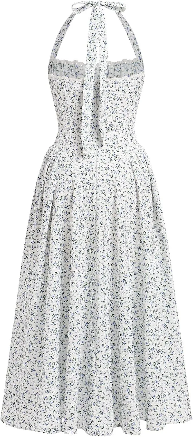 Women Floral Corset Dress Summer Dresses Boho Flowy Adjustable Halter Neck Lace Up Midi Dresses A Line Casual Sundress