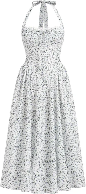 Women Floral Corset Dress Summer Dresses Boho Flowy Adjustable Halter Neck Lace Up Midi Dresses A Line Casual Sundress