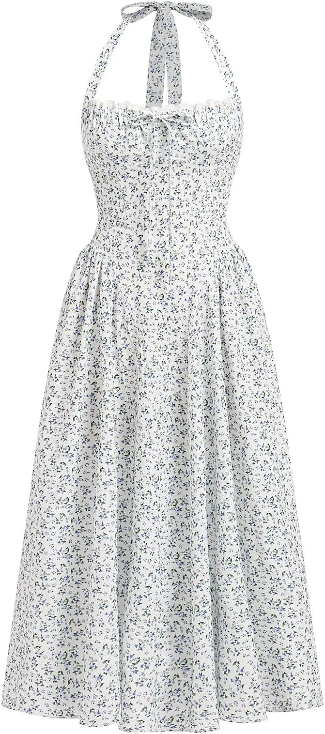 Women Floral Corset Dress Summer Dresses Boho Flowy Adjustable Halter Neck Lace Up Midi Dresses A Line Casual Sundress