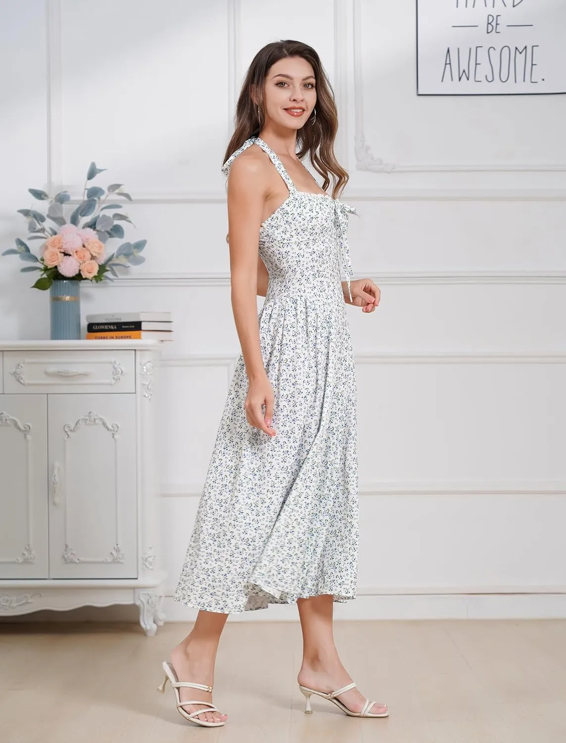 Women Floral Corset Dress Summer Dresses Boho Flowy Adjustable Halter Neck Lace Up Midi Dresses A Line Casual Sundress