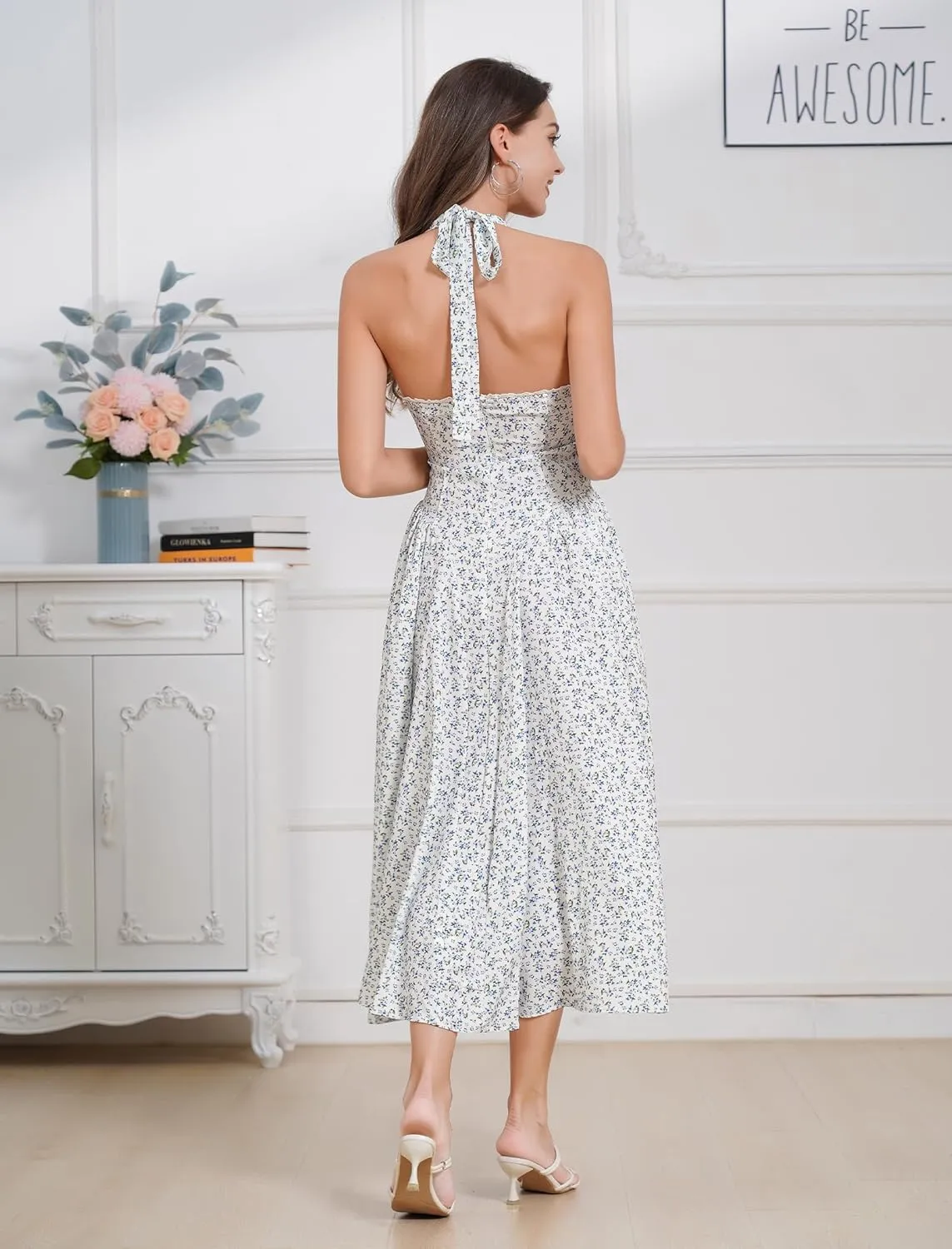 Women Floral Corset Dress Summer Dresses Boho Flowy Adjustable Halter Neck Lace Up Midi Dresses A Line Casual Sundress