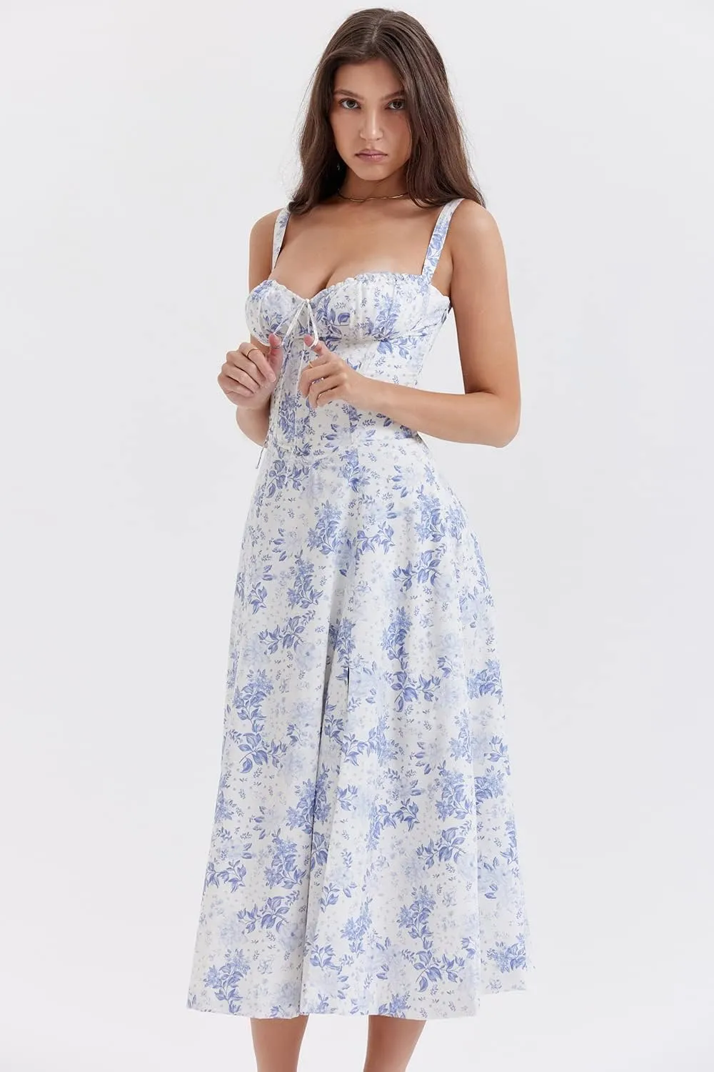 Women Floral Midi Corset Dress Summer Spaghetti Strap Square Neck Boho Cami Dress Flowy Slit Bustier Sundress