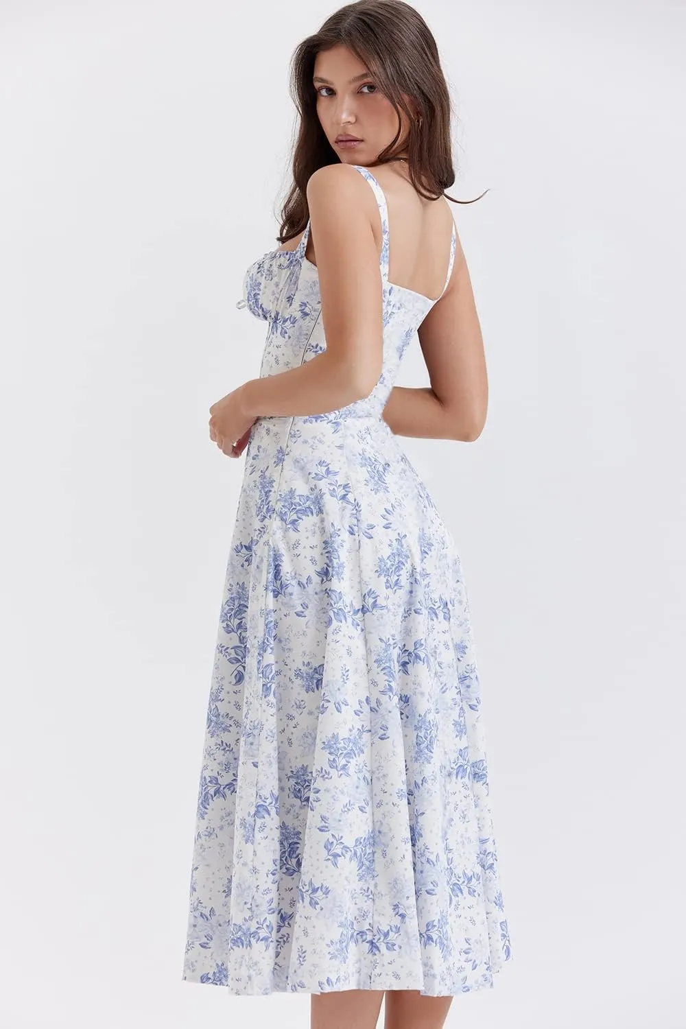 Women Floral Midi Corset Dress Summer Spaghetti Strap Square Neck Boho Cami Dress Flowy Slit Bustier Sundress