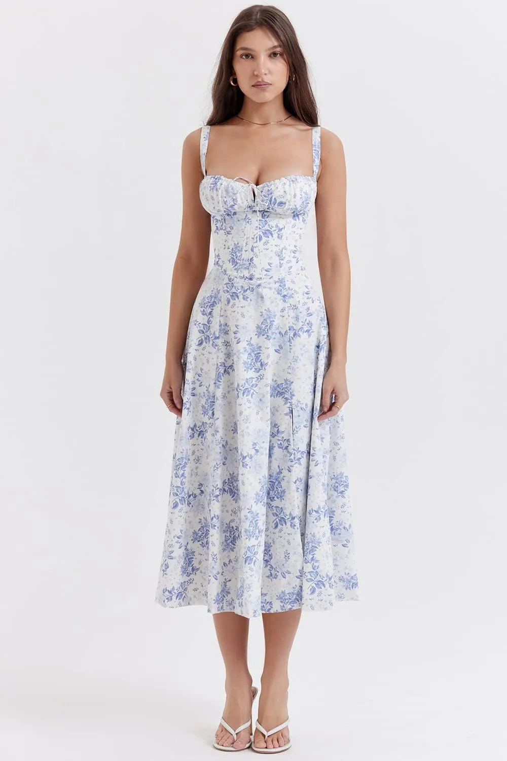 Women Floral Midi Corset Dress Summer Spaghetti Strap Square Neck Boho Cami Dress Flowy Slit Bustier Sundress