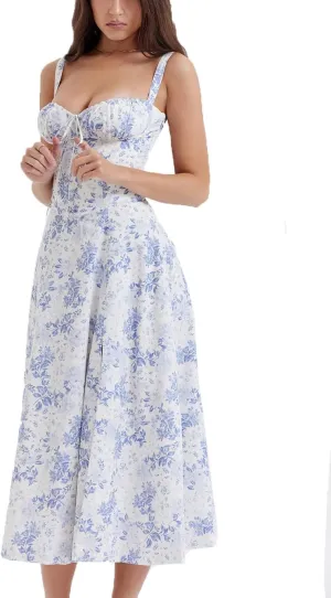 Women Floral Midi Corset Dress Summer Spaghetti Strap Square Neck Boho Cami Dress Flowy Slit Bustier Sundress