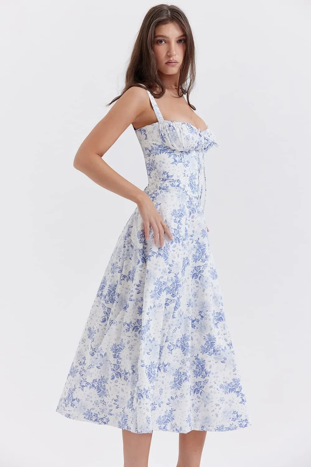 Women Floral Midi Corset Dress Summer Spaghetti Strap Square Neck Boho Cami Dress Flowy Slit Bustier Sundress