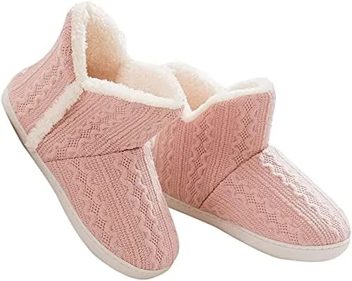 Women Knit Snow Slipper Boots Coral Fleece Lined Indoor Outdoor Thermal Ankle Bootie for Mens Women Foot Warm Shoe Winter Cotton Slipper Anti-Slip Sole Booties