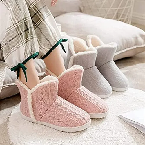 Women Knit Snow Slipper Boots Coral Fleece Lined Indoor Outdoor Thermal Ankle Bootie for Mens Women Foot Warm Shoe Winter Cotton Slipper Anti-Slip Sole Booties
