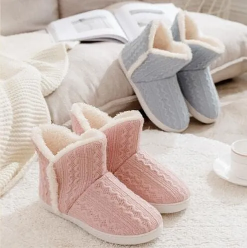 Women Knit Snow Slipper Boots Coral Fleece Lined Indoor Outdoor Thermal Ankle Bootie for Mens Women Foot Warm Shoe Winter Cotton Slipper Anti-Slip Sole Booties