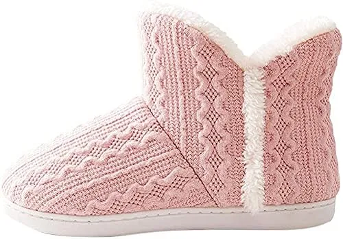 Women Knit Snow Slipper Boots Coral Fleece Lined Indoor Outdoor Thermal Ankle Bootie for Mens Women Foot Warm Shoe Winter Cotton Slipper Anti-Slip Sole Booties