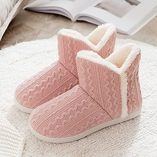 Women Knit Snow Slipper Boots Coral Fleece Lined Indoor Outdoor Thermal Ankle Bootie for Mens Women Foot Warm Shoe Winter Cotton Slipper Anti-Slip Sole Booties