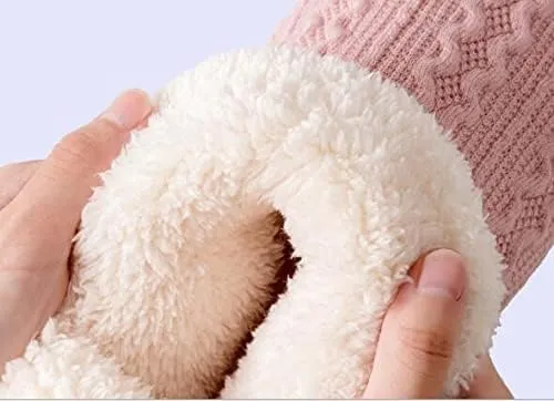 Women Knit Snow Slipper Boots Coral Fleece Lined Indoor Outdoor Thermal Ankle Bootie for Mens Women Foot Warm Shoe Winter Cotton Slipper Anti-Slip Sole Booties