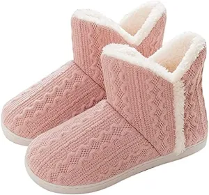 Women Knit Snow Slipper Boots Coral Fleece Lined Indoor Outdoor Thermal Ankle Bootie for Mens Women Foot Warm Shoe Winter Cotton Slipper Anti-Slip Sole Booties
