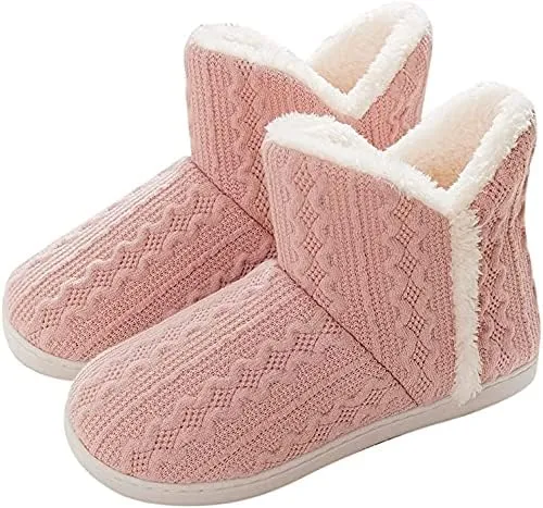 Women Knit Snow Slipper Boots Coral Fleece Lined Indoor Outdoor Thermal Ankle Bootie for Mens Women Foot Warm Shoe Winter Cotton Slipper Anti-Slip Sole Booties