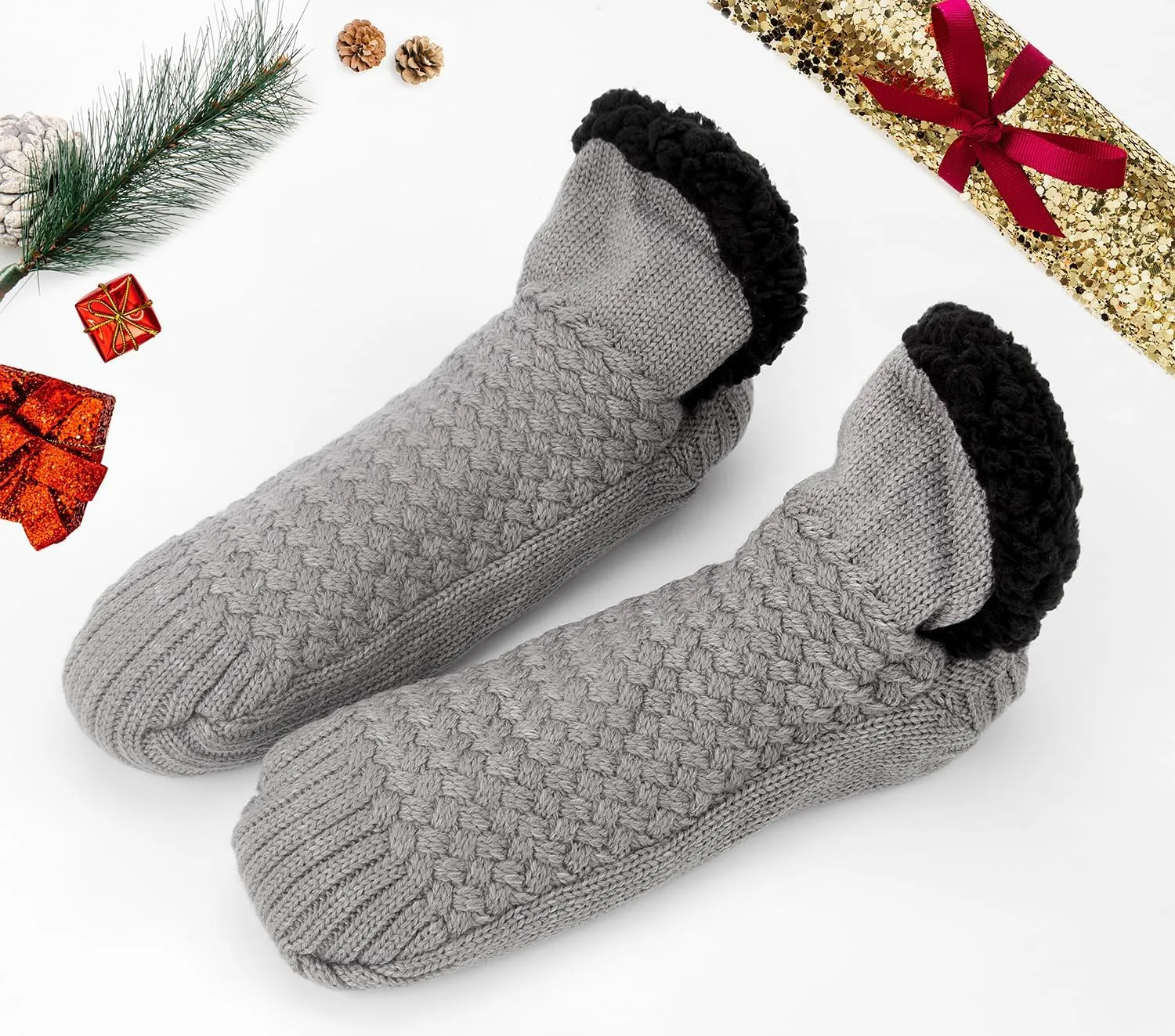 Women Knitted Slipper Socks Cozy Sherpa Fuzzy Socks Non Slip Socks Winter Indoor Double Layer Bedroom Slipper Socks