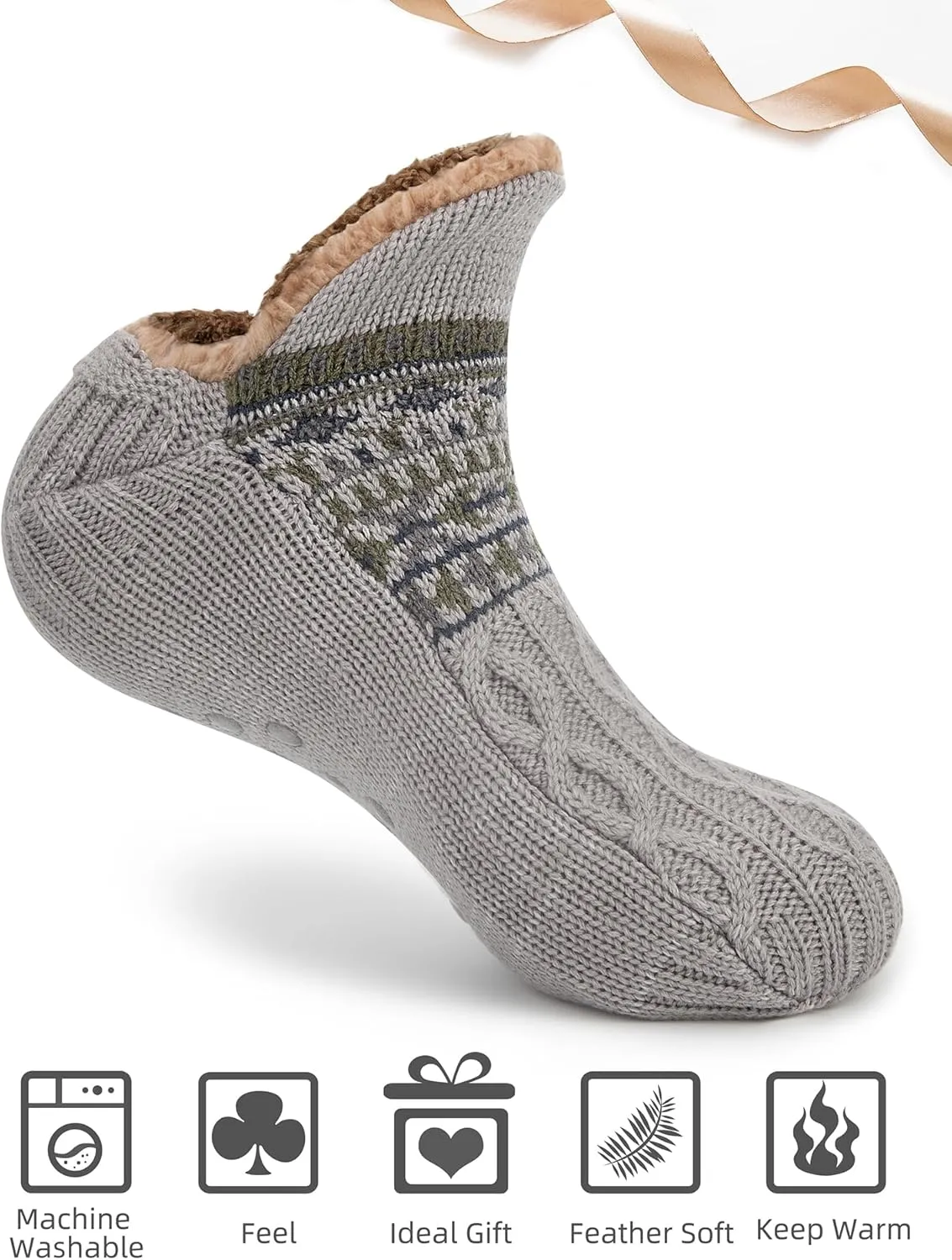 Women Knitted Slipper Socks Cozy Sherpa Fuzzy Socks Non Slip Socks Winter Indoor Double Layer Bedroom Slipper Socks