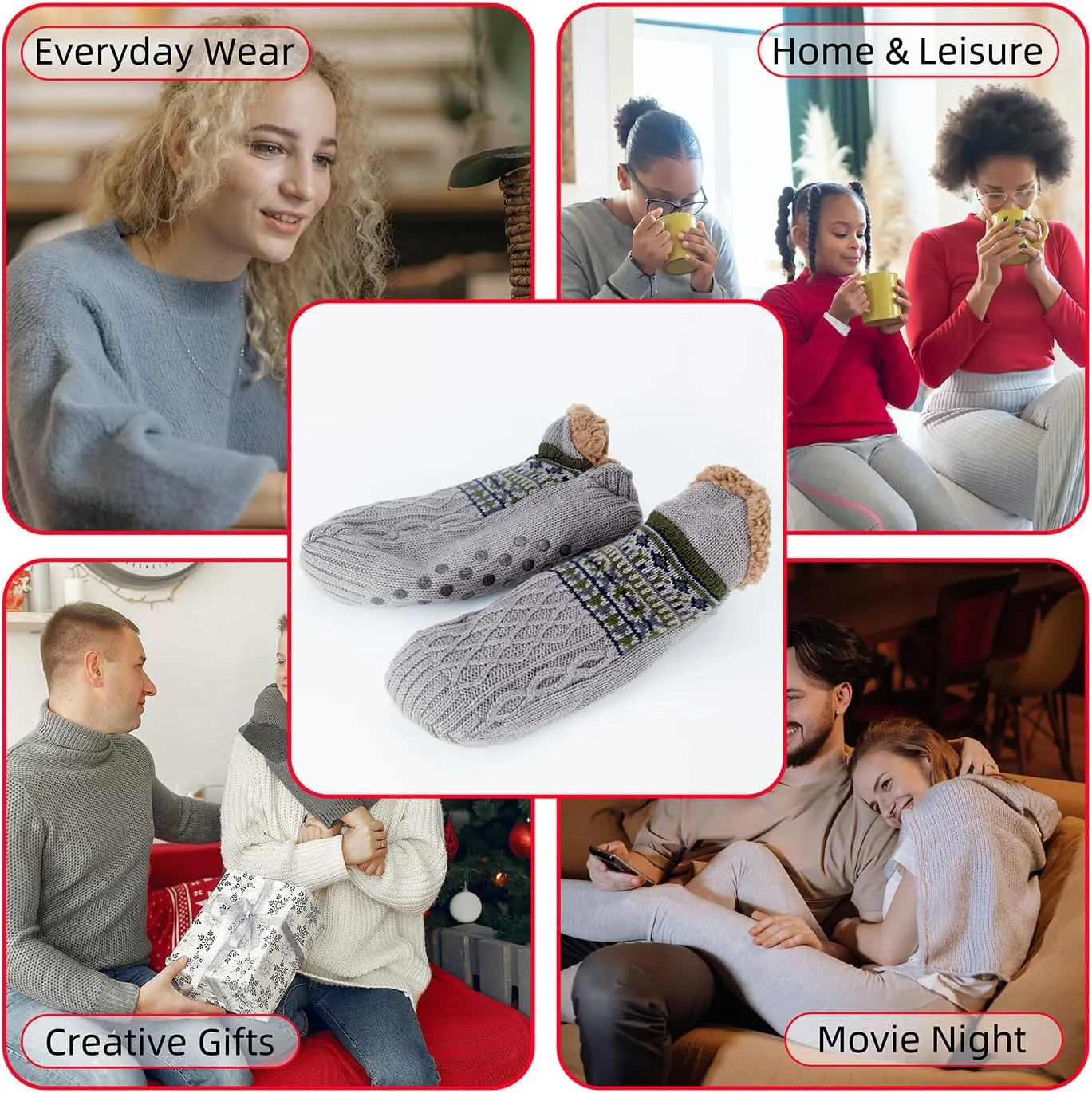 Women Knitted Slipper Socks Cozy Sherpa Fuzzy Socks Non Slip Socks Winter Indoor Double Layer Bedroom Slipper Socks