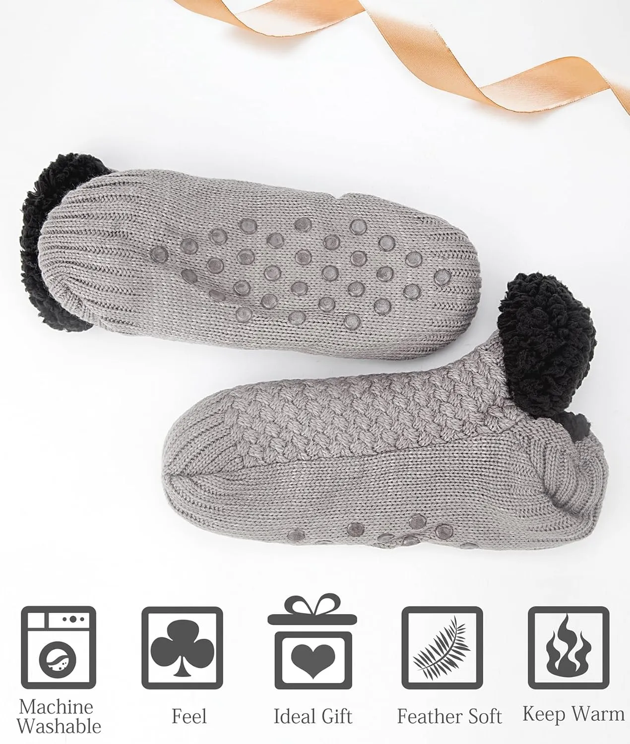 Women Knitted Slipper Socks Cozy Sherpa Fuzzy Socks Non Slip Socks Winter Indoor Double Layer Bedroom Slipper Socks