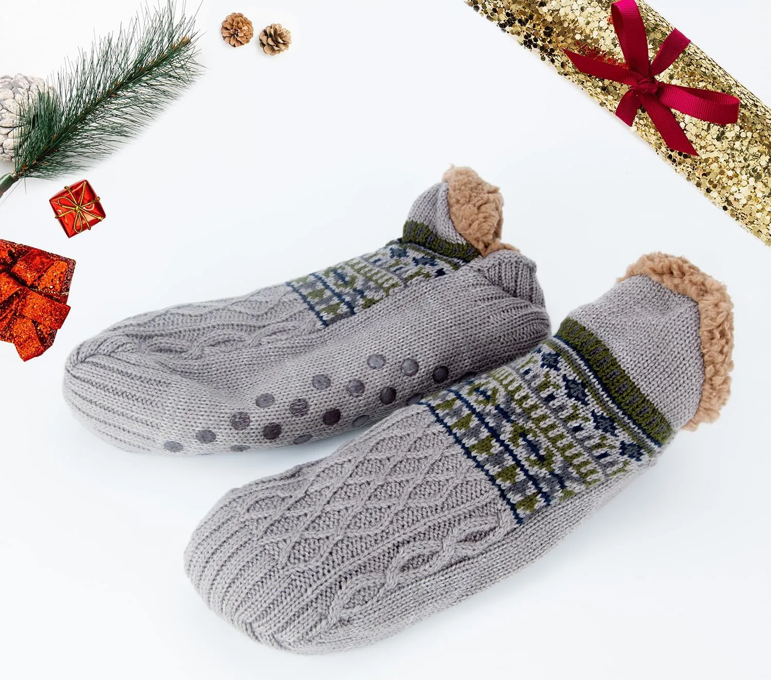 Women Knitted Slipper Socks Cozy Sherpa Fuzzy Socks Non Slip Socks Winter Indoor Double Layer Bedroom Slipper Socks